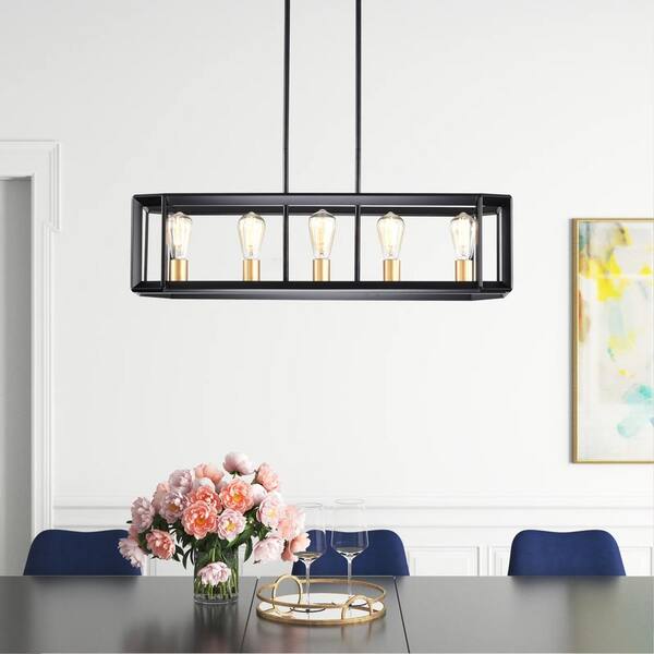 Jushua 5-Light Matte Black and Gold Finish Linear Pendant Light with Adjustable Height GO-CT00008 - The Home Depot