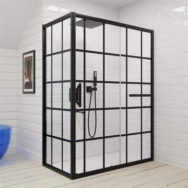 INSTER 60 in. W x 72 in. H Sliding Framed Corner Shower Enclosure in Black Grid Finish with Clear Glass