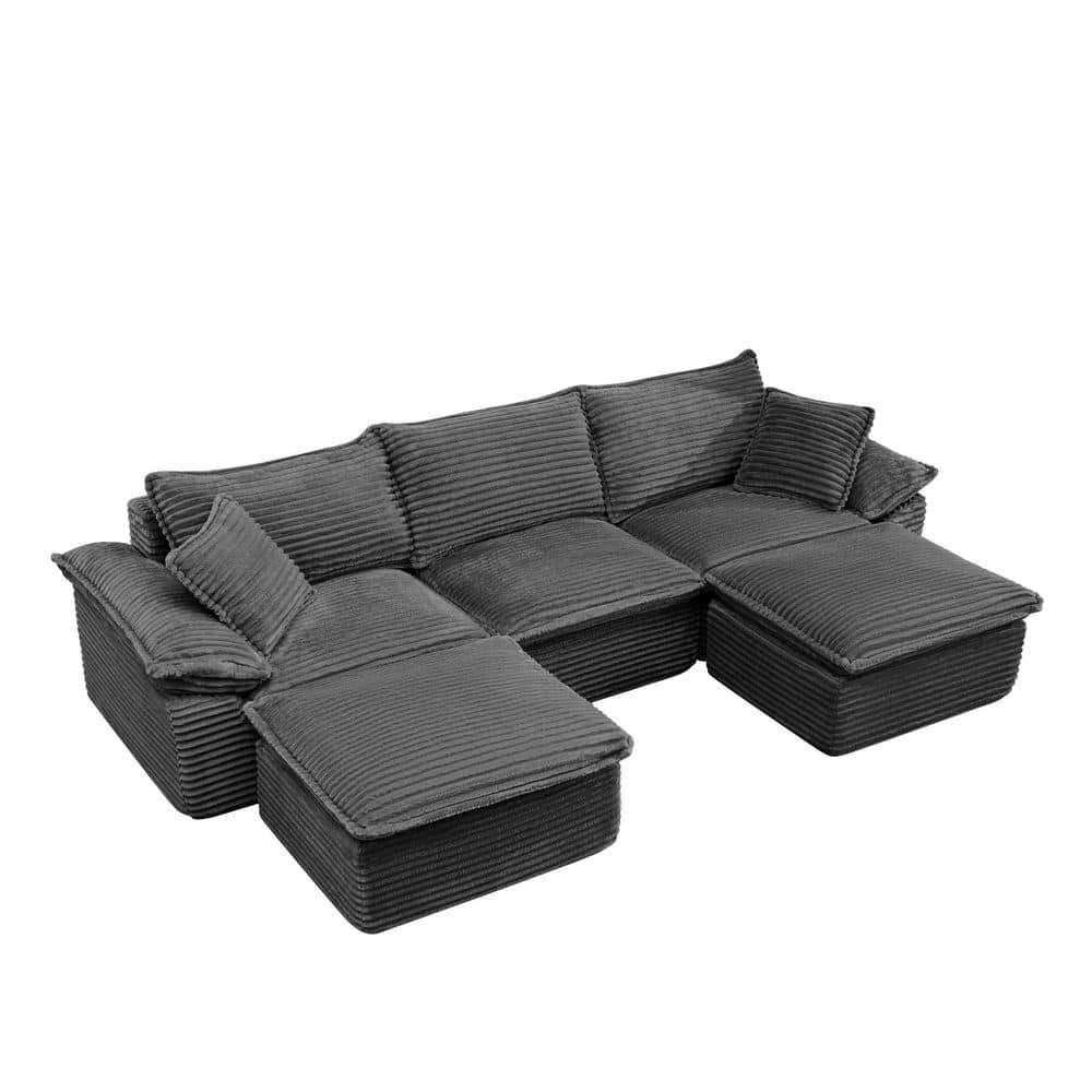 113 in. W Corduroy Sectional Sofa U-Shape Cloud Couch Oversized No Assembly Sofa in Grey 5 Seat