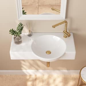 30 in. Right Side White Ceramic Novelty Wall-Mount Sink Wall Hung Rectangular Bathroom Vessel Sink, Single Faucet Hole