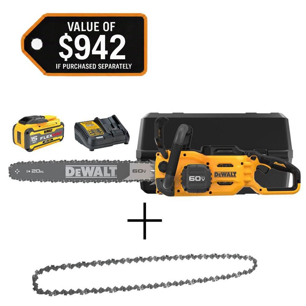 DEWALT 60V MAX 20in. Brushless Battery Powered Chainsaw Kit, (1) FLEXVOLT 5Ah Battery, Charger & 20in. Chain (68 Link) (DCCS677Z1WDT620)