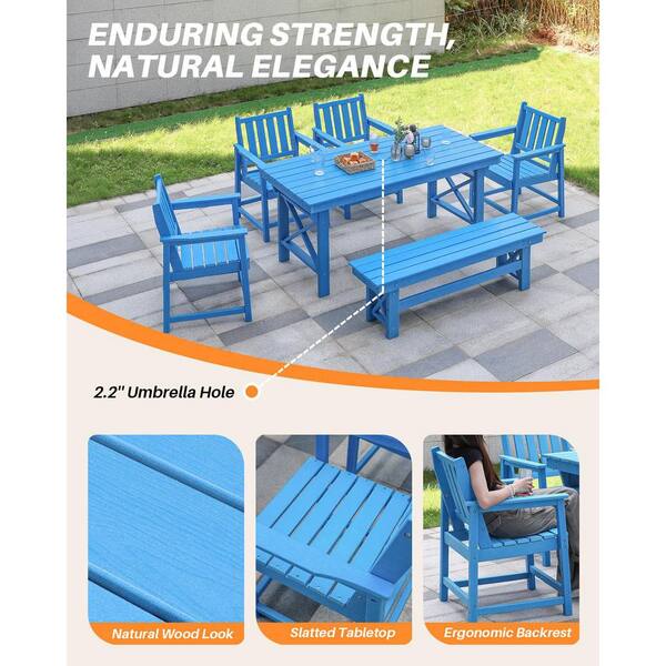 Sky Blue 6-Piece Plastic Outdoor Dining Set, Patio Dining Table