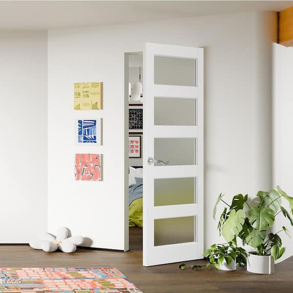 32 in. x 80 in. MDF Composite, Primed, White, 5 Lite, Frosted Glass Interior Door Slab with Silver Curved Doorknob