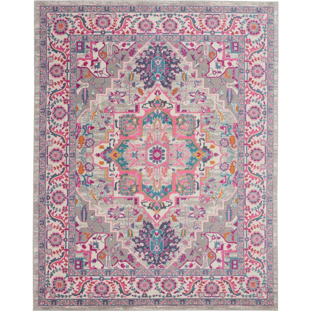 Light Grey and Pink Geometric Synthetic 8' x 10' Area Rug