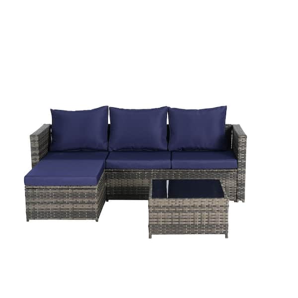 2-Piece Wicker Patio L-Shaped Sectional Tempered Glass Table and Dark Blue Cushions