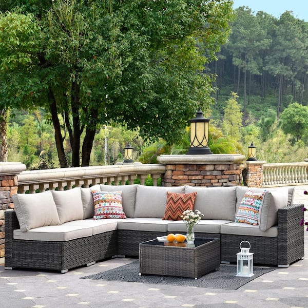 Gemini 7-Piece Wicker Outdoor Sectional Set with Beige Cushions