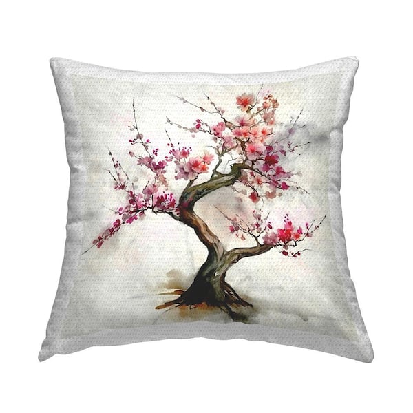 Stupell Industries Blooming Cherry Blossom Bonsai Tree Beige Square Outdoor Throw Pillow