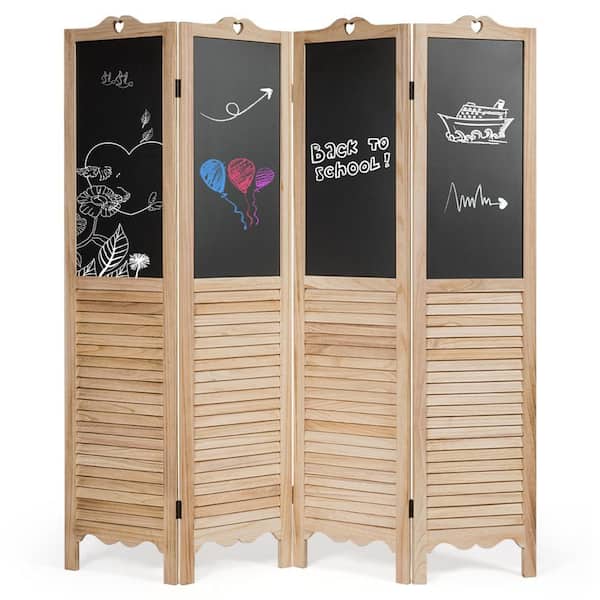4-Panel 68 in. Tall Natural Folding Room Divider Screen w/ Chalkboard