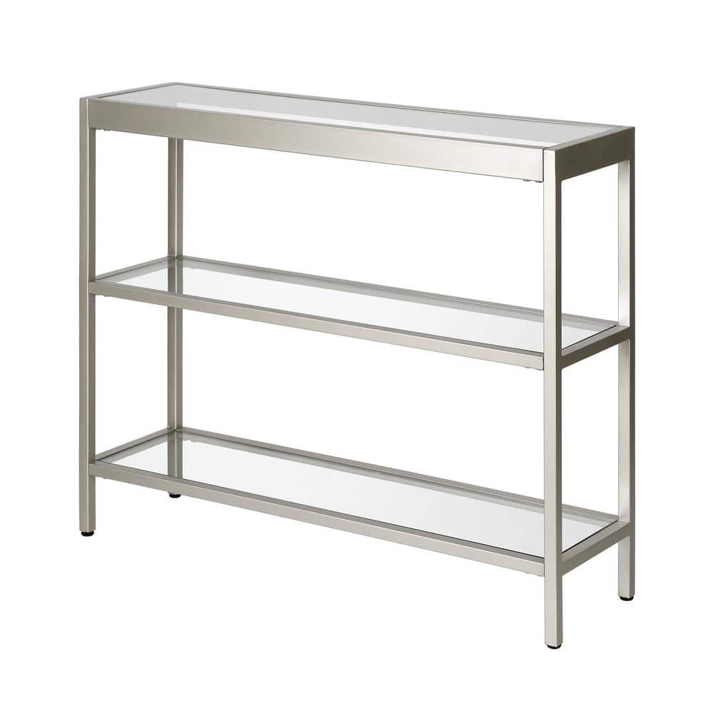 Satin Nickel 36" Wide Metal & Glass Console Table with Storage