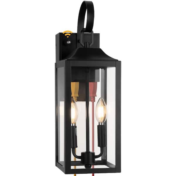 Porch Light with GFCI Outlet, 19" Black Dusk to Dawn Outdoor Wall Lantern 2-Light with GFCI Outlet Built-in, Waterproof