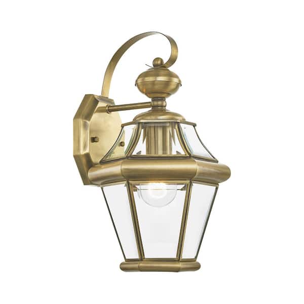 AVIANCE LIGHTING Cresthill 14 in. 1-Light Antique Brass Outdoor Hardwired Wall Lantern Sconce with No Bulbs Included