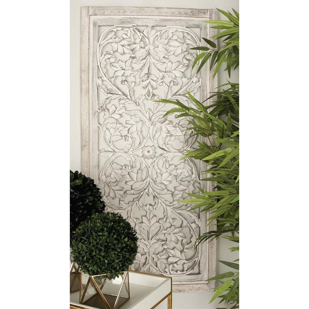 Gray Mango Wood Handmade Intricately Carved Floral Wall Panel