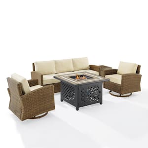 Bradenton Weathered Brown 5-Piece Wicker Patio Fire Pit Set with Sand Cushions