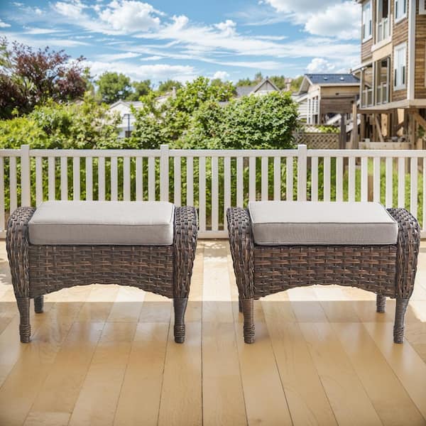 Brown Wicker Outdoor Ottoman with Beige Cushions (2-Pack)