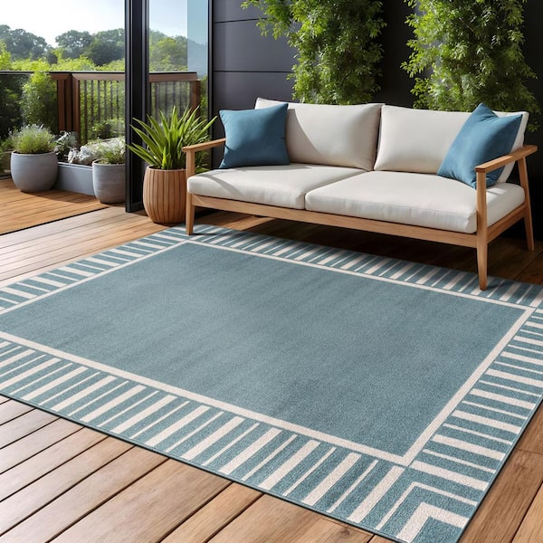 Edge Teal 9 ft. x 12 ft. Rubber Back Washable Geometric Border Indoor Outdoor Patio Area Rug