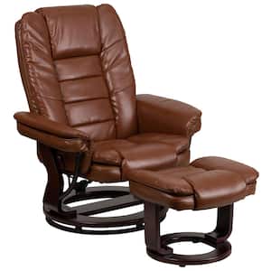 Contemporary Brown Vintage Leather Recliner and Ottoman with Swiveling Mahogany Wood Base