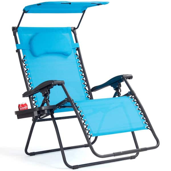 Unbranded Metal Outdoor Lounge Chair Recliner with Shade Canopy and Cup Holder in Blue