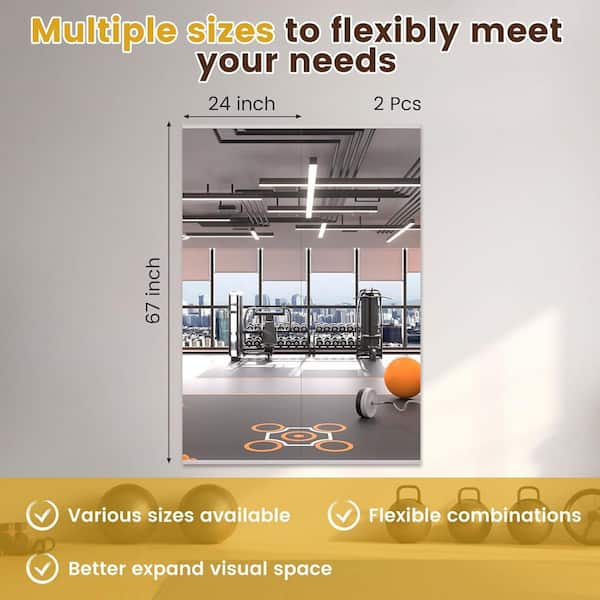 Modern 24 in. W x 67 in. H Frameless Wall Mirror HD Tempered Glass Gym Mirror/Yoga Mirror, Easy Wall Mount (2-Pack)