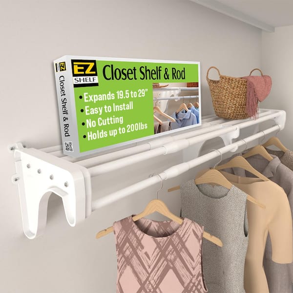 EZ Shelf Expandable-Shelf with Hanging Rod-Easy Install,19.5-29 in. W x 12 in. D, White, Steel, Wire Closet Shelf with Closet Rod