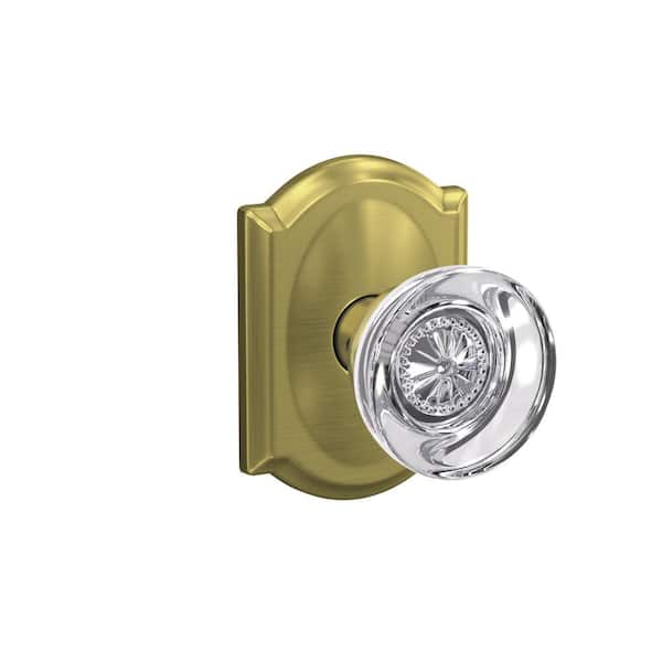 Schlage Custom Hobson Satin Brass Dummy Glass Door Knob with Camelot Trim (2-Pack)