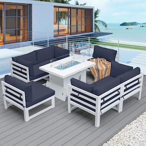 7-Piece Patio White Aluminum Deep Seating Sectional Set, Fire Pit Table and Purplish Blue Cushions