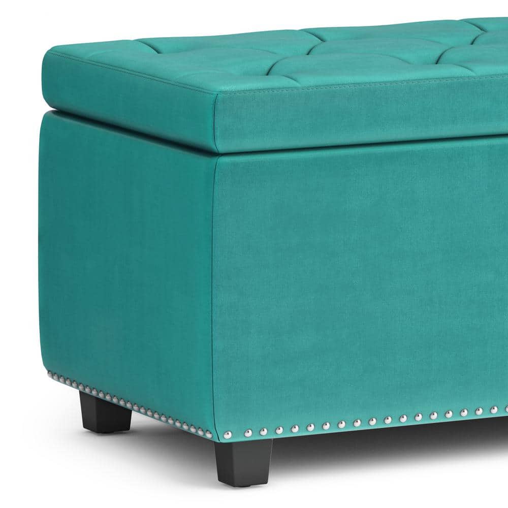 Aqua Blue Velvet Tufted Large Rectangular Storage Footstool