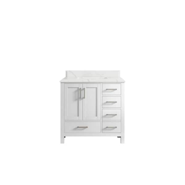 Willow Collections Malibu 36 in. W x 22 in. D x 36 in. H Single Sink Bath Vanity Center in White with Cove Edge Calacatta Quartz Top