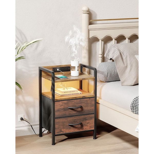 FlexCore Brown 2-Drawer 15.6 in. W Modern Nightstand with Charging Station and LED Light Strip