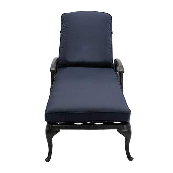 Unbranded Black Cast Aluminum Outdoor Chaise Lounge Chair with Dark Blue Cushion