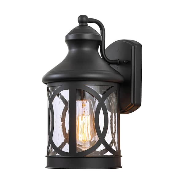 1-Light Matte Black Outdoor Hardwired Wall Lantern Sconce with Seeded Glass Shade, No Bulbs Included