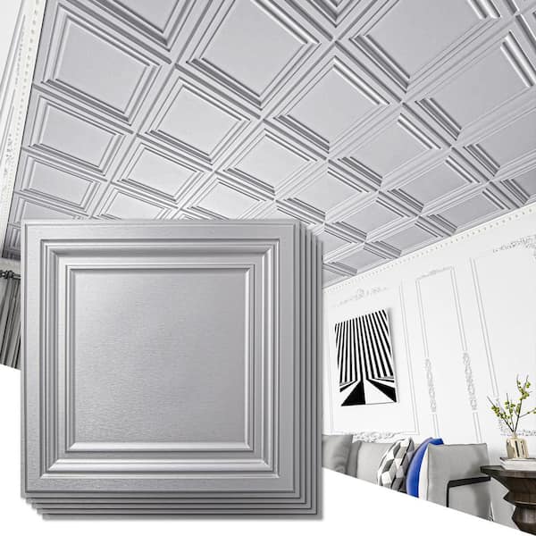 Square Silver 2 ft. x 2 ft. Decorative PVC Drop In Ceiling Tile (48 sq.ft./case)