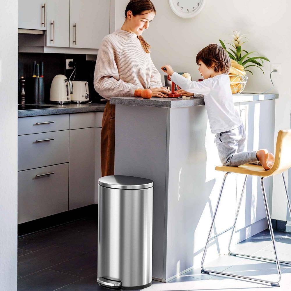 Semi-Round Brushed Stainless Steel 8 Gallon Step Trash Can