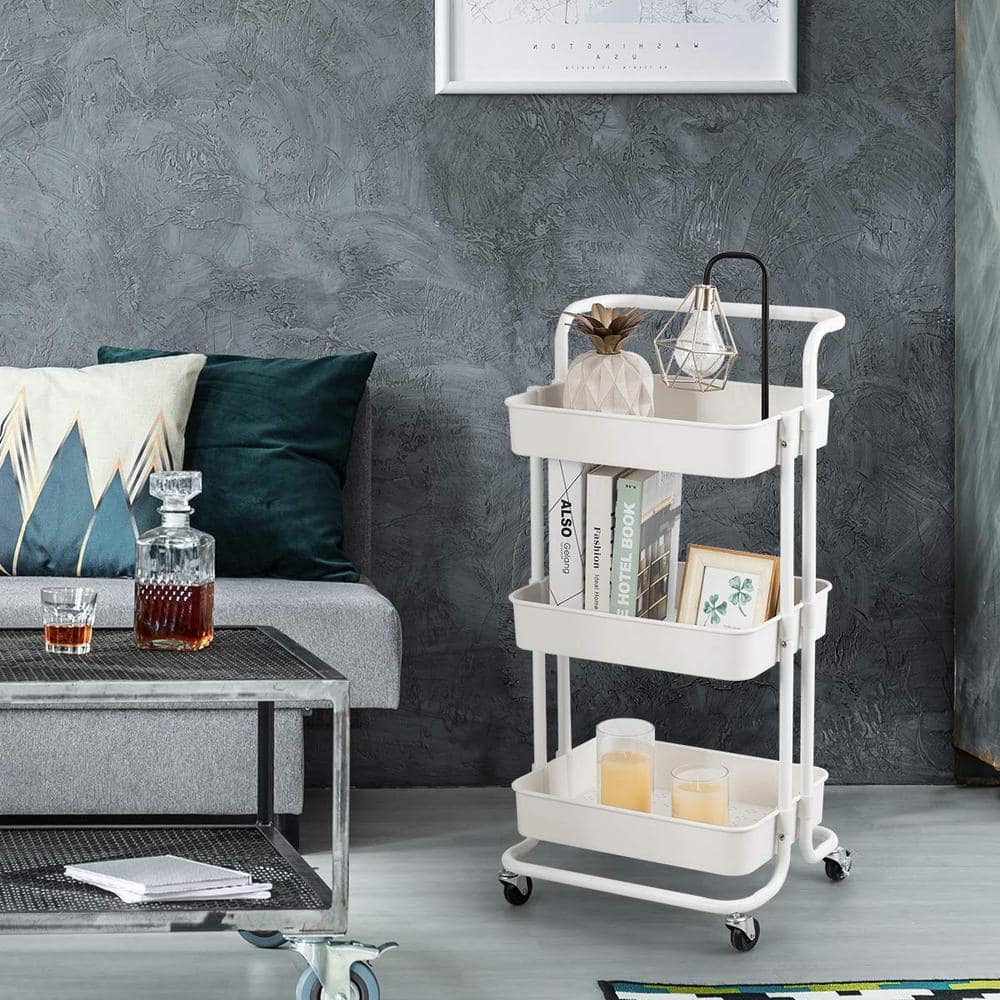 White 3-Tier Metal and ABS Rolling Utility Cart
