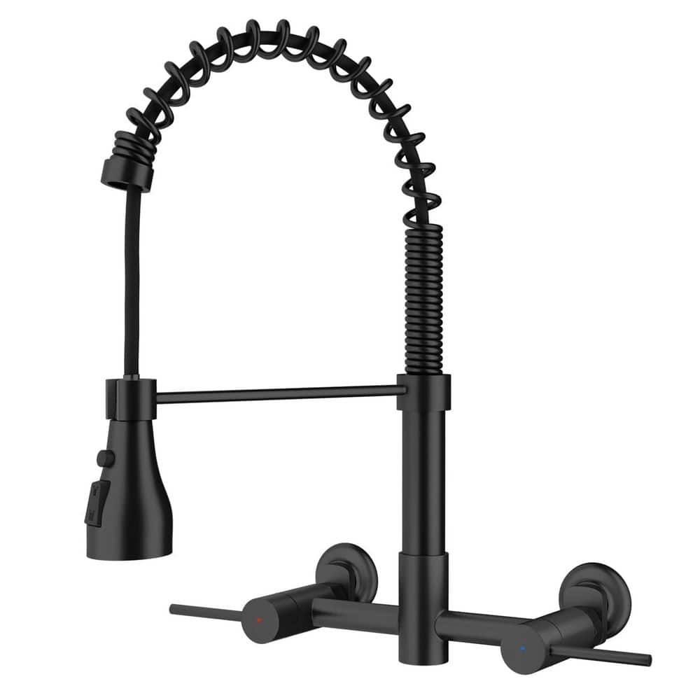 16.6 in. H Wall Mounted Double Handles Pull Down Sprayer Kitchen Faucet with 3 Modes Spray Head in Matte Black price history on PriceWatchPro