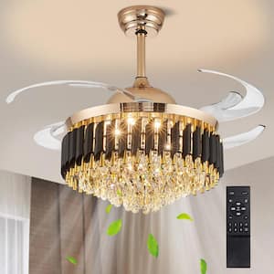 Large Luxury 52 in. Indoor Black and Gold Crystal Ceiling Fan with Dimmable LED Lights with Remote Included