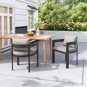 Calistae Black Aluminum Outdoor Patio Dining Chairs with Beige Cushions, Set-2