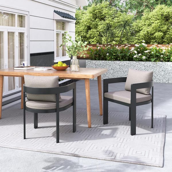 CHRISTOPHER KNIGHT HOME Calistae Black Aluminum Outdoor Patio Dining Chairs with Beige Cushions, Set-2