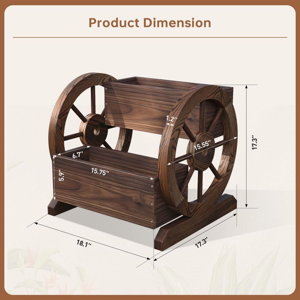 Rustic Brown Wooden Wagon Planter Box with Wheels for Indoor/Outdoor Use