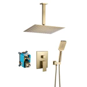 2-Spray Patterns 2.2 GPM 10 in. Ceiling Mount Rain Dual Shower Heads with Shower Head and Hand Shower in Brushed Gold