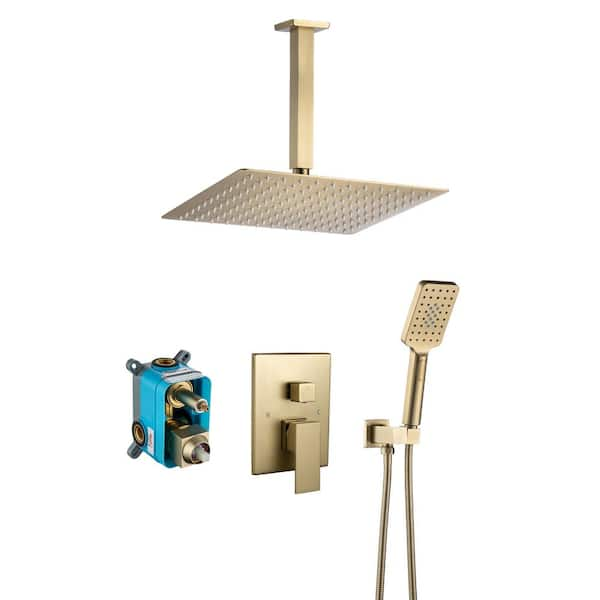 Flynama 2-Spray Patterns 2.2 GPM 10 in. Ceiling Mount Rain Dual Shower Heads with Shower Head and Hand Shower in Brushed Gold