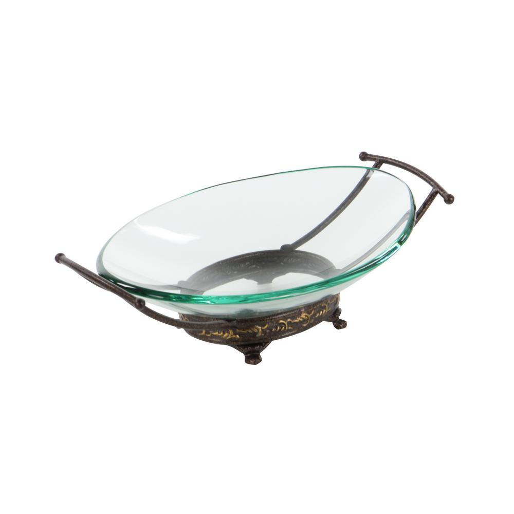 Clear Tempered Glass Elliptical Serving Bowl with Brown Metal Base
