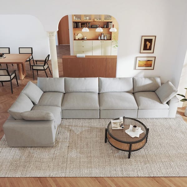 118 in. Square Arm 5-Piece Linen L-Shaped Modular Sectional Sofa Corner Cloud Couch in. Gray