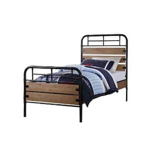 Brown and Black Wooden Frame Twin Platform Bed with Slated Headboard