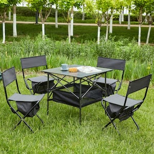 5-Piece Gray Aluminum Folding Outdoor Lawn Chairs with Black Table for Outdoor Camping, Picnics, Beach, Backyard, BBQ
