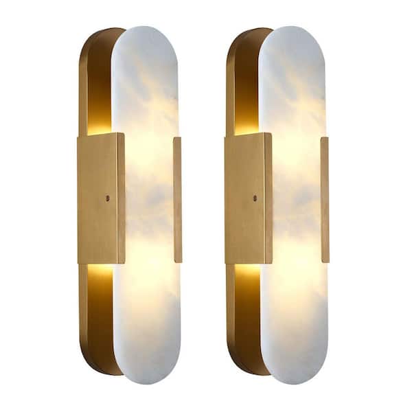 20 in. 2-Light Dimmable LED Oval Brass Wall Sconce, Simple Alabaster Shade Wall Lamp for Bedroom, Bathroom (2 Pieces)