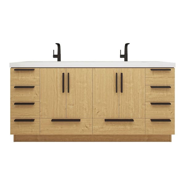 Carla 71 in. W x 20 in. D x 35 in. H Double Sink Freestanding Bath Vanity in Teak Oak with White Acrylic Top