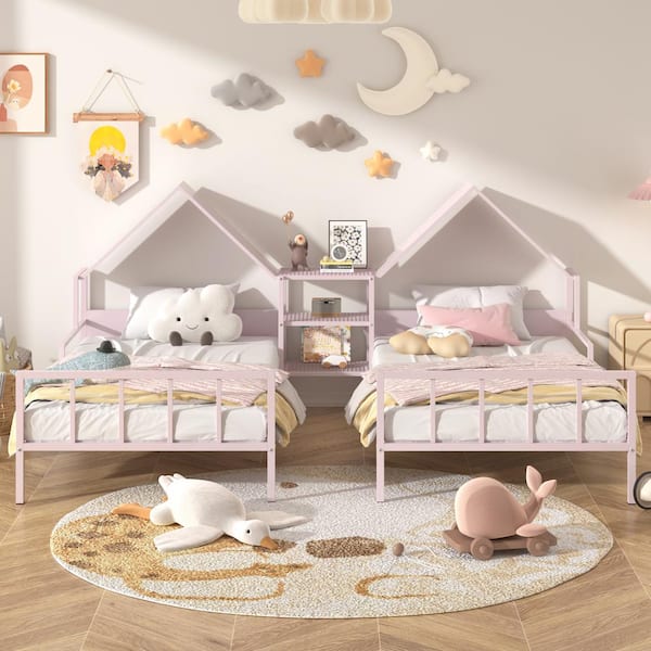 Qualler Pink Twin Size Metal Double Platform Bed with a Built-in Nightstand and House-shaped Headboard