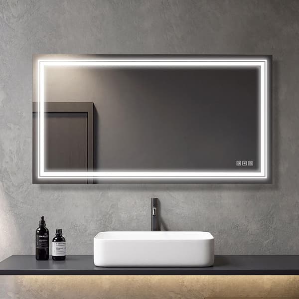 FAMYYT 55 in. W x 30 in. H Rectangular Frameless Anti- Fog Dimmable LED Light Vertical/Horizontal Wall Bathroom Vanity Mirror