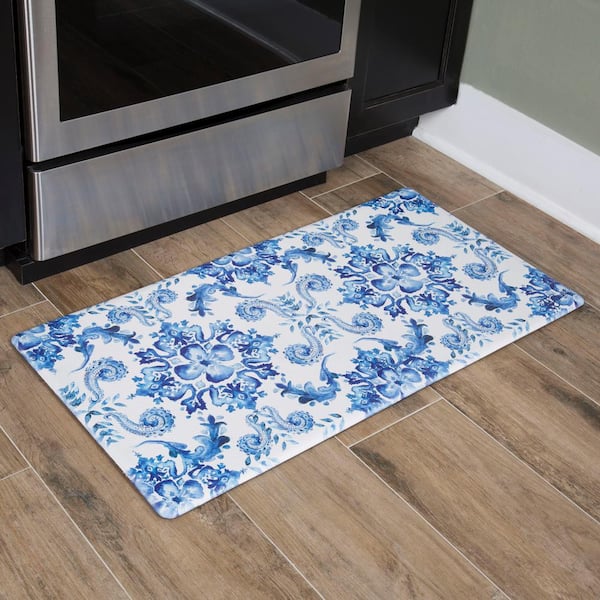 Poppy Sketch Tile Blue 20 in. x 39 in. Anti-Fatigue Kitchen Mat