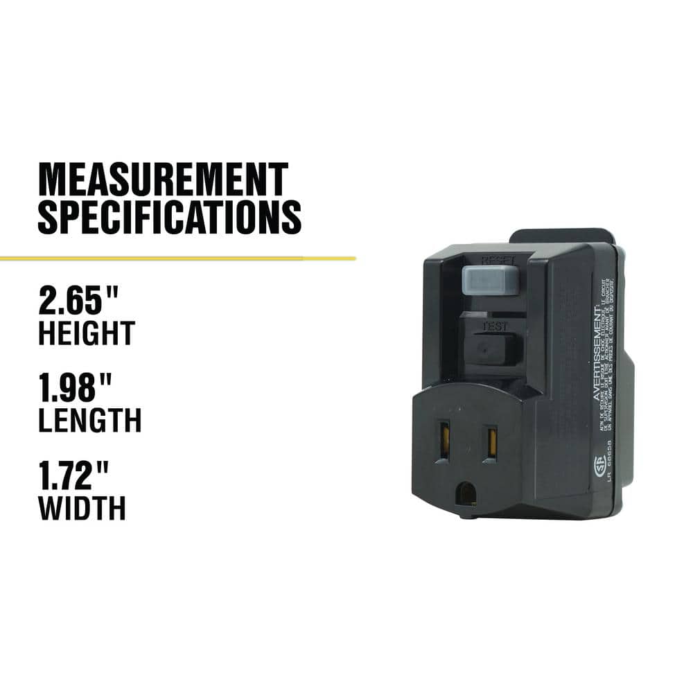 Black 120V 15A Single Outlet GFCI Adapter with Manual Reset